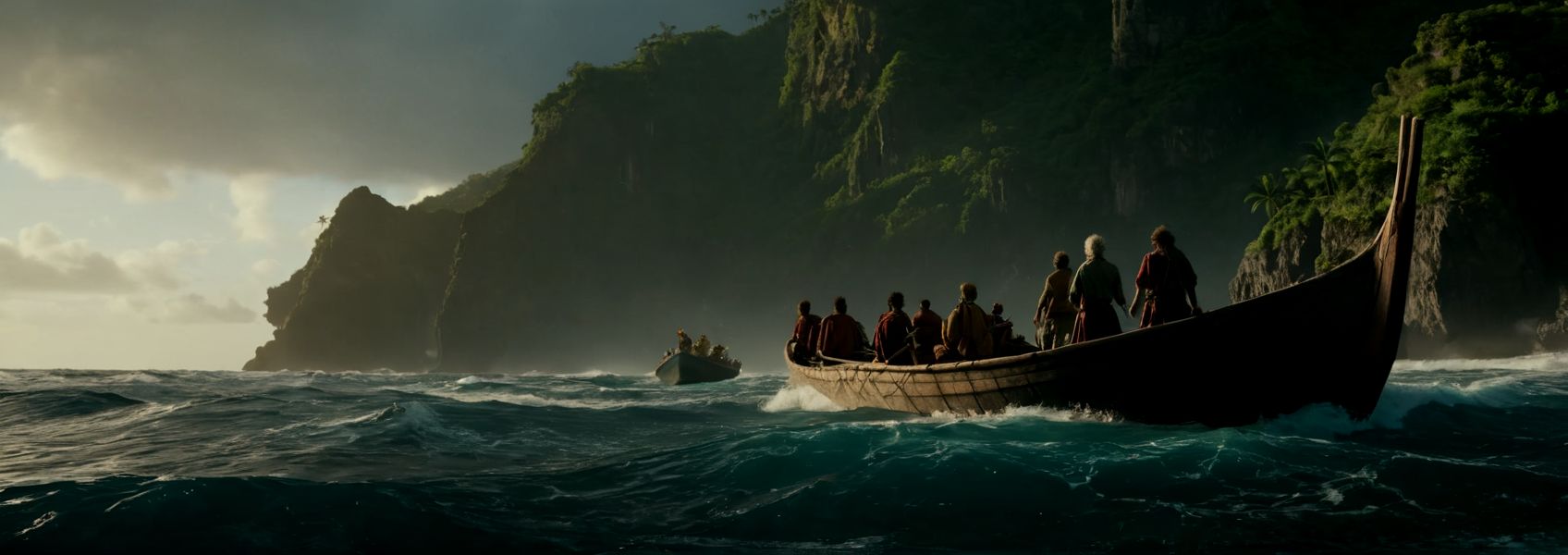 18596-932959700-movie still photography of Spanish explorers( approaching the beach in a rowing boat_1.5), looking at an ultra realistic strande.jpg